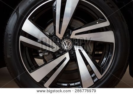Russia, Izhevsk - February 15, 2019: Showroom Volkswagen. The Wheel With Alloy Wheel Of A New Touare