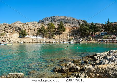 A Beautiful View From St Pauls Bay Beach In Lindos On Summer Days, Rhodes, Greece