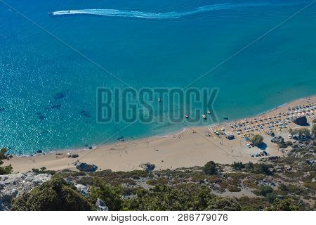 Top View Of The Tsambika Beach On The Rhodes Island In Greece