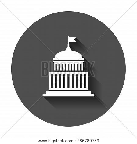 Bank Building Icon In Flat Style. Government Architecture Vector Illustration With Long Shadow. Muse