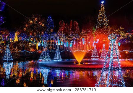 Blue Red Christmas Trees Lights Reflection Lake Van Dusen Garden Vancouver British Columbia Canada