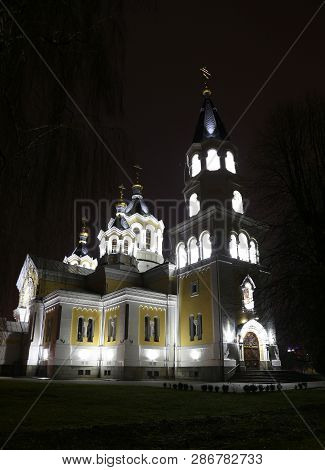 Ancient Historical Holy Transfiguration Cathedral, Illuminated By Lights At Night. Architectural Mon