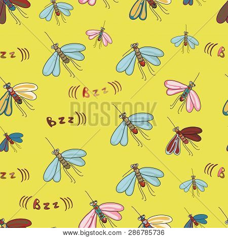 Funny Seamless Ornament With Cartoon Mosquitos Flying Everywhere