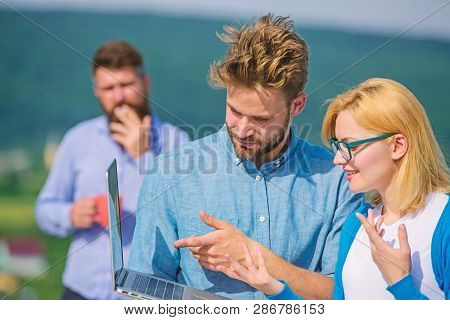 Colleagues With Laptop Work Outdoor Sunny Day, Nature Background. Couple Works Despite Of Coffee Bre
