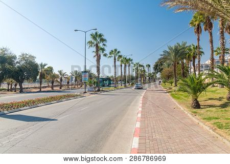 Eilat, Israel - February 9, 2019: Derekh Ha-arava Street At Sunny Day.