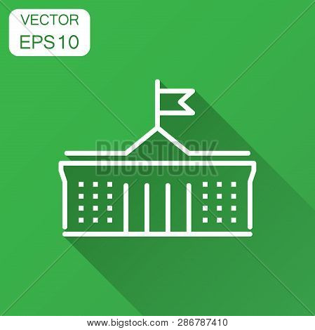 Bank Building Icon In Flat Style. Government Architecture Vector Illustration With Long Shadow. Muse
