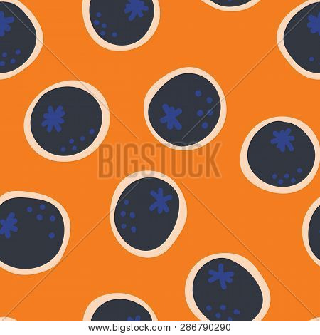 Vector Blueberries On Orange, Seamless Pattern Backround,