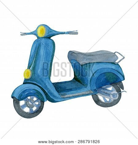 Watercolor Blue Scooter. Isolated Illustration On White Background.