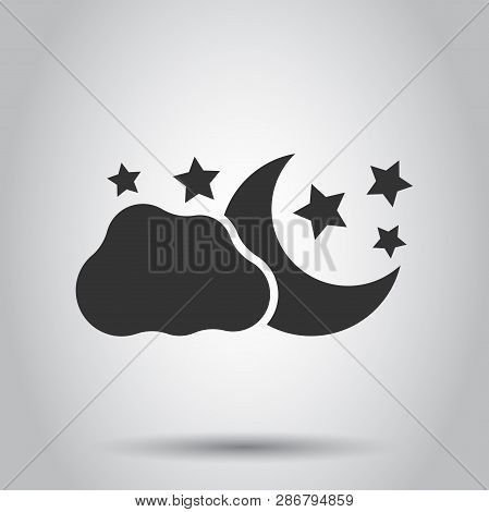Moon And Stars With Clods Vector Icon In Flat Style. Nighttime Illustration On White Background. Clo
