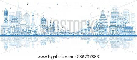 Outline Welcome to India City Skyline with Blue Buildings and Reflections. Delhi. Mumbai, Bangalore, Chennai, Hyderabad, Kolkata, Patna, Visakhapatnam. 