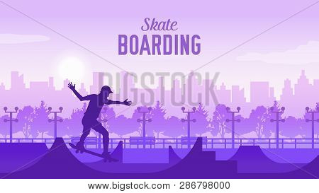 Skateboarder In The Park On Skateboard Illustration.  Sportsman On Landscape Of The City Doing A Tri