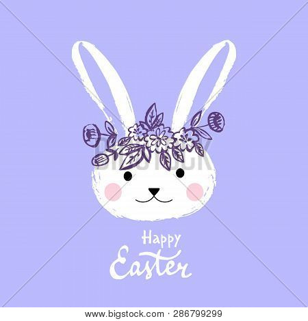 Happy Easter Nand Drawn Lettering. Greeting Card Text Templates With Easter Bunny. Vector Illustrati