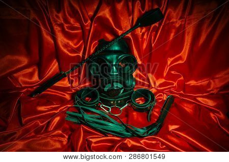 Close Up Bdsm Outfit. Bondage, Kinky Adult Sex Games, Kink And Bdsm Lifestyle Concept With Gas Mask,