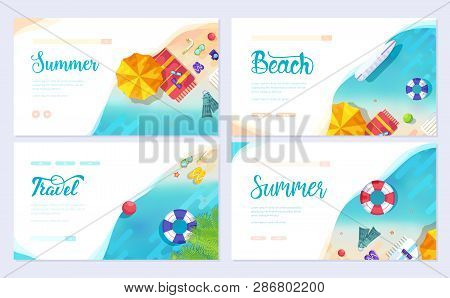 Summer Vecetion Time. Ecology Brochure Card Set. Outdoor Template Of Flyear, Web Banner, Ui Header, 