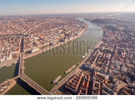 Image Of Areal View Over The Hungarian Capital City Of Budapest With The River Of Danube And Histori