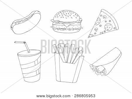 Contour Image Of Fast Food And Drink Symbols Drawn By Hand On A Single-color Background