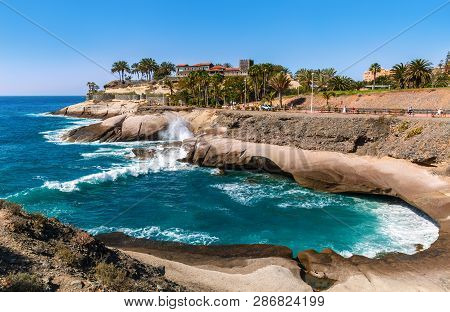 Costa Adeje, Tenerife, Spain - February 7, 2019: View Of The Bay And The Famous Casa Del Duque On A 