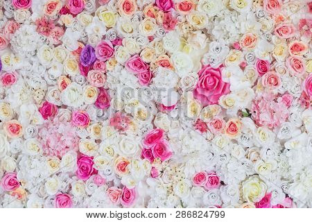 Flower Texture Background For Wedding Scene. White, Lilac, Pink, Red Roses And Peonies. Artificial F