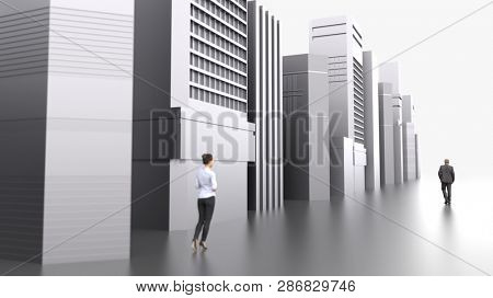 lost man in utopian city, 3d illustration