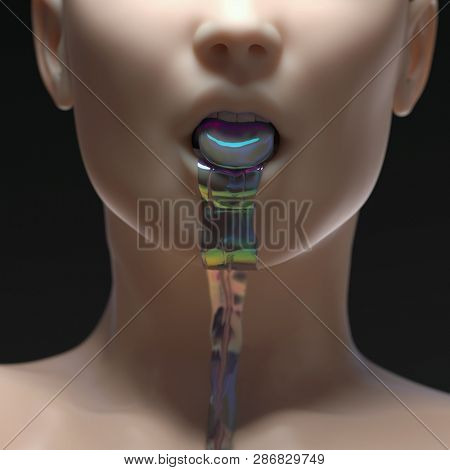 metallic paint flows out of the human mouth, 3d illustration