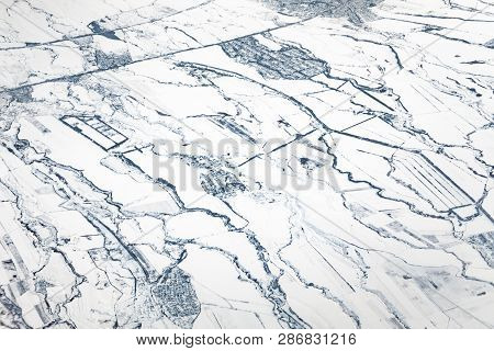 Aerial Winter View To Usbekistan Agriculture Landscape In Snow