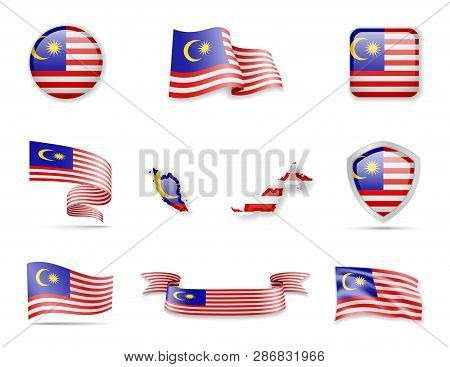 Malaysia Flags Collection. Vector Illustration Set Flags And Outline Of The Country.