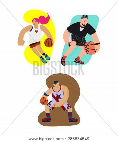 Cartoon Basketball Players Set With Dribbling Motion And Exaggeration