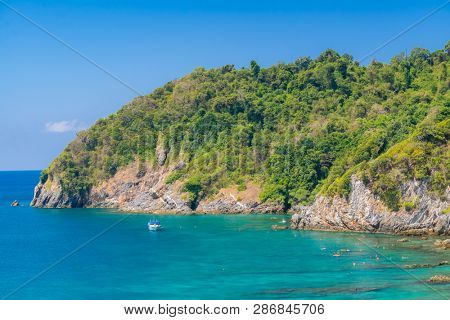 Aerial View point of Tropical white sand beach and snorkel point at cockburn island andaman sea indian ocean Myanmar and Thailand.