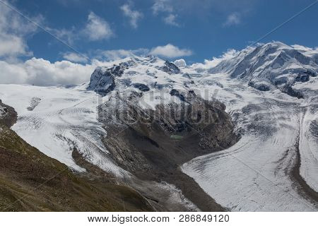 Snowcapped Mountains Dufourspitze Summit, Grenzgletscher Glacier And Lisskamm