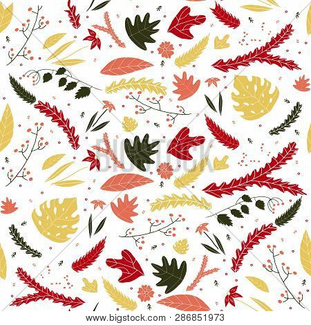 Floral Leaves Colorful Seamless Pattern In Hand Drawn Style. Vector Leaves, Flowers And Berries On A