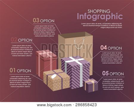 Shopping Infographic Concept With  Gifts And Shopping Bag Isolated On Puple