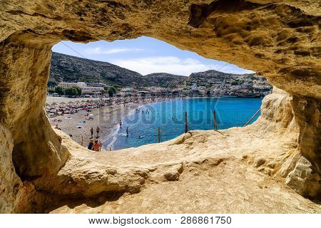 Matala, Crete - September 24: Matala Beach From Roman Cave On September 24, 2017 In Matala