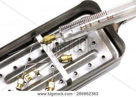 Old Steel Container That Was Once Boiled To Disinfect And Sterilize The Old Glass Syringe And Steel 