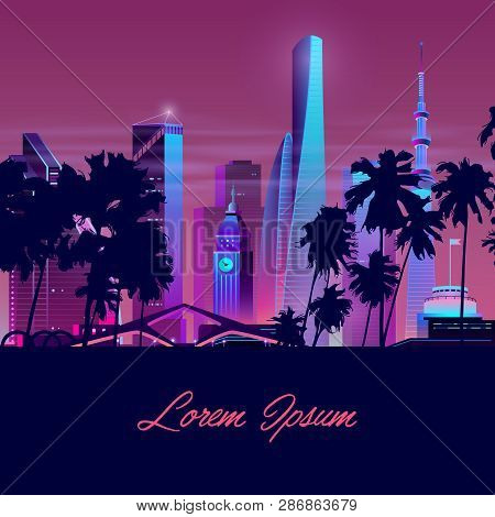 Vector Template With Dark Palms And Night City In Neon, Ultraviolet Colors. Bright Tower With Clock,