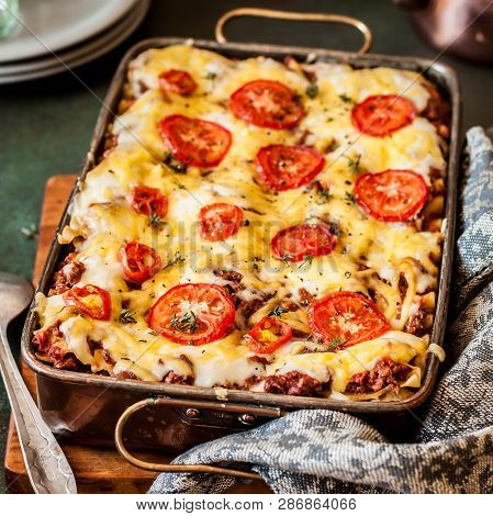 Classic Lasagne Bolognese In A Vintage Copper Pan, Square