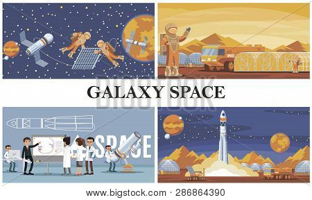 Flat Space Exploration Composition With Astronauts Fix Satellite Mars Colonization Scientists And Ro