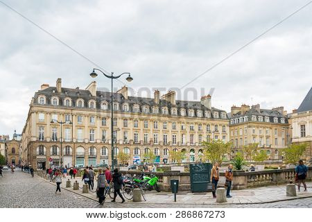 RENNES, FRANCE - April 28, 2018: Street view of downtown in Rennes, France