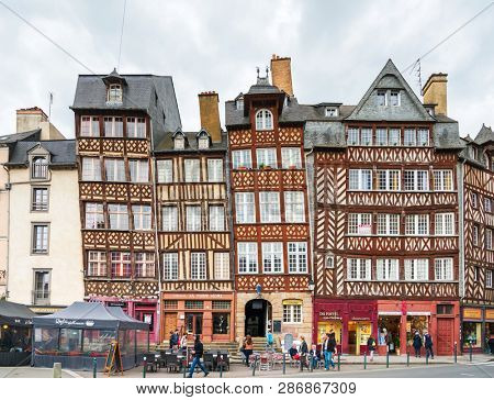 RENNES, FRANCE - April 28, 2018: Restaurants in Old Town Rennes, France