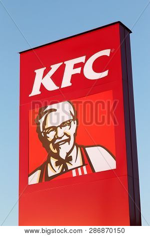 Herning, Denmark - May 15, 2018: Kfc Logo On A Panel. Kfc Is A Fast Food Restaurant Chain That Speci