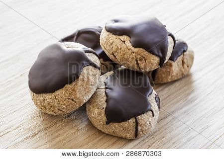Close-up Of An Ryemeal Homemade Cookies With Dark Chocolate. Macro Shot. Shallow Depth Of Field.