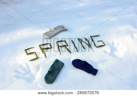Multicolored Winter Gloves On White Snow, Illuminated By The Rays Of The Sun, Text From The Branches