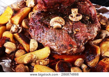 Grilled Pork Meat With Potatoes. Barbecue. Selective Focus.