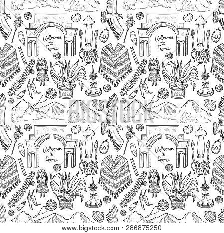 Seamless Pattern With Cute Hand Drawn Peru Related Icons. Vector Travel Collection.