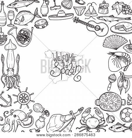 Cute Hand Drawn Card Template With  Spain Related Icons. Welcome To Spain Collection