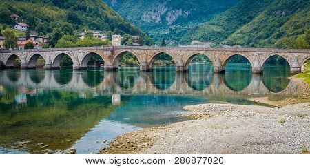 Famous Bridge In Visegrad, On River Drina, Bosnia And Herzegovina