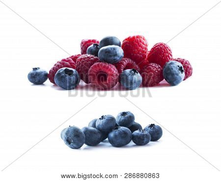 Berries Isolated On White Background. Ripe Blueberries And Raspberries. Background Of Mix Berries Wi