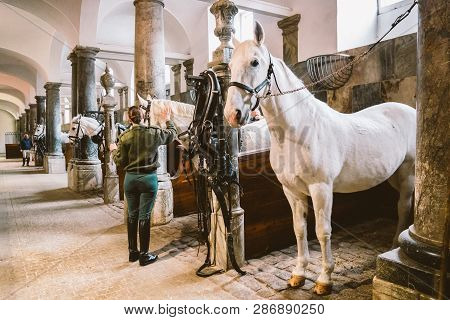 February 20, 2019.royal Stable In Denmark Copenhagen In Territory Christiansborg Slot. Man Young Wom