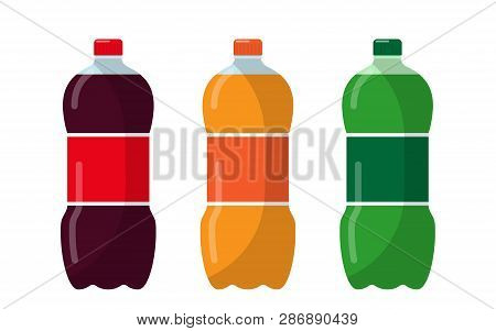 Three Bottles With Soda In Plastic Tarre. Carbonated Drink. Vector Illustration Isolated On White Ba