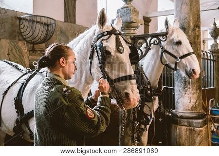 February 20, 2019.royal Stable In Denmark Copenhagen In Territory Christiansborg Slot. Man Young Wom