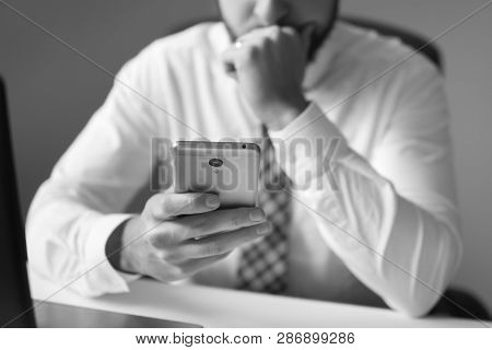Businessman Work With Computer On Table In Office Work. Close Up Documents In Handyoung Bearded Busi
